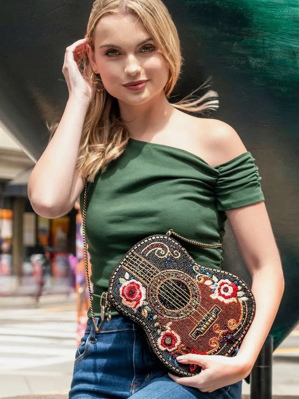 Embellished Guitar-Shape Crossbody Bag - Black/Brown Floral